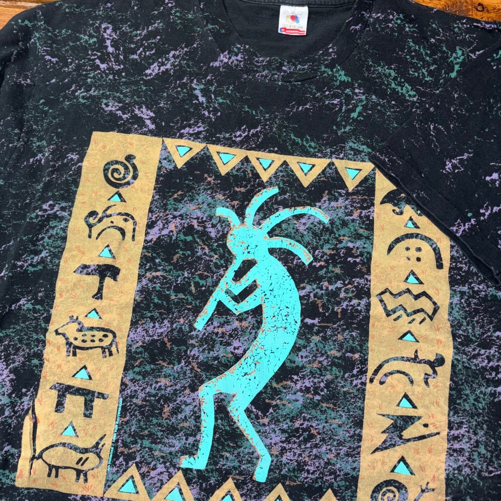 Vintage Kokopelli T-Shirt Men XL Black Southwestern AOP 1993 Art Unlimited 90s